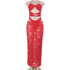 Hollow out knotted lace tube maxi skirt set