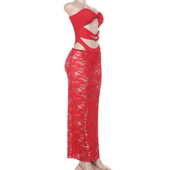 Hollow out knotted lace tube maxi skirt set