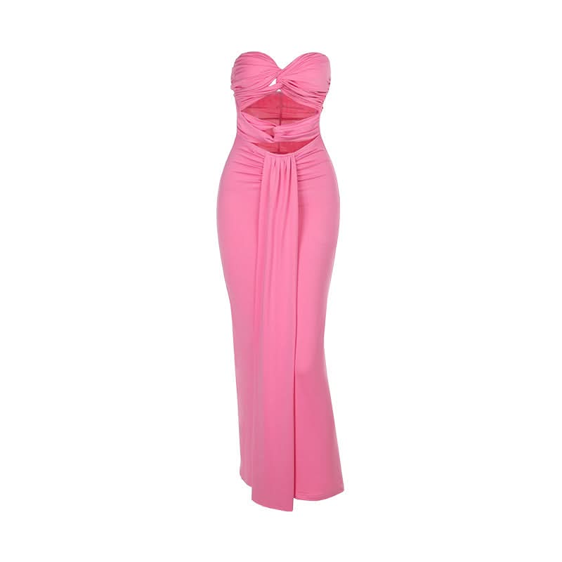 Ruched hollow out slit solid tube cut out maxi dress