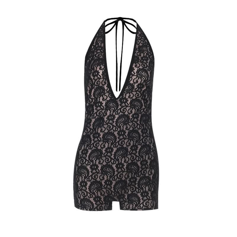 Halter self tie deep V neck lace backless romper