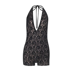 Halter self tie deep V neck lace backless romper