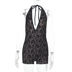 Halter self tie deep V neck lace backless romper