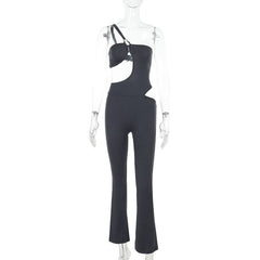 Irregular hollow out one shoulder solid jumpsuit