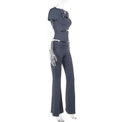 Crewneck short sleeve hollow out ruched pant set