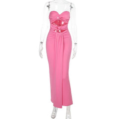 Ruched hollow out slit solid tube cut out maxi dress