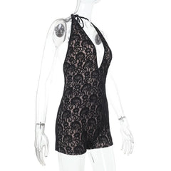 Halter self tie deep V neck lace backless romper