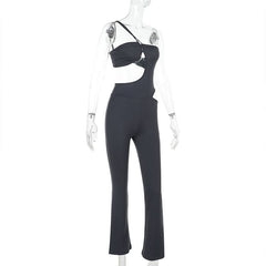 Irregular hollow out one shoulder solid jumpsuit