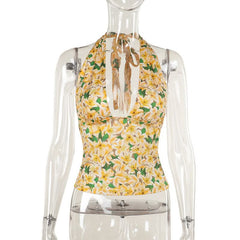 Halter self tie flower print backless top