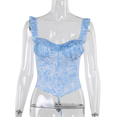 Ruched print corset self tie tank top