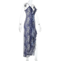 Leopard print hollow out irregular slit cami cut out maxi dress