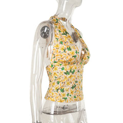 Halter self tie flower print backless top