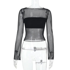 Long sleeve mesh crewneck solid top