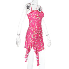 Irregular ruched lace hem print slit cami mini dress