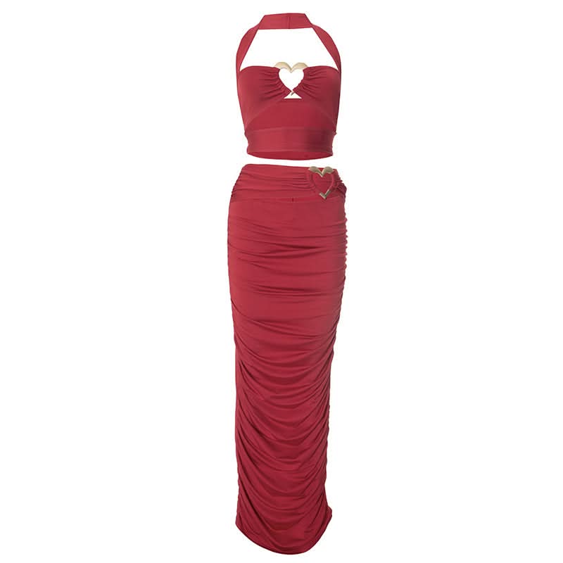 Slit halter hollow out ruched maxi skirt set
