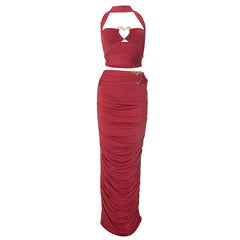Slit halter hollow out ruched maxi skirt set