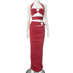 Slit halter hollow out ruched maxi skirt set