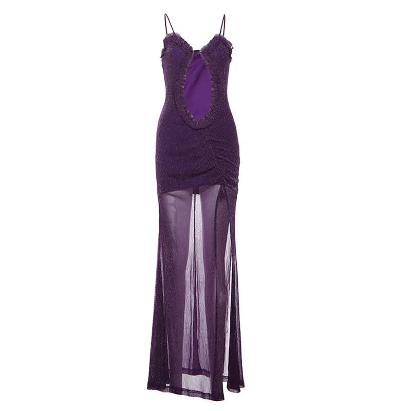 High slit hollow out ruched v neck cami cut out maxi dress