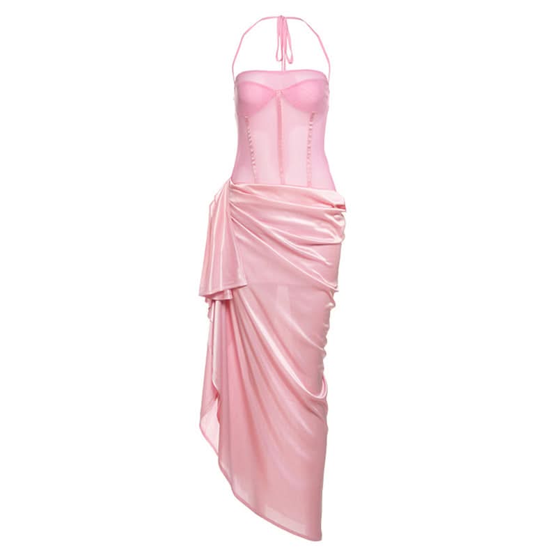 Halter self tie button mesh ruched maxi dress
