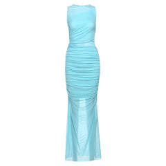 Ruched crewneck mesh solid maxi dress