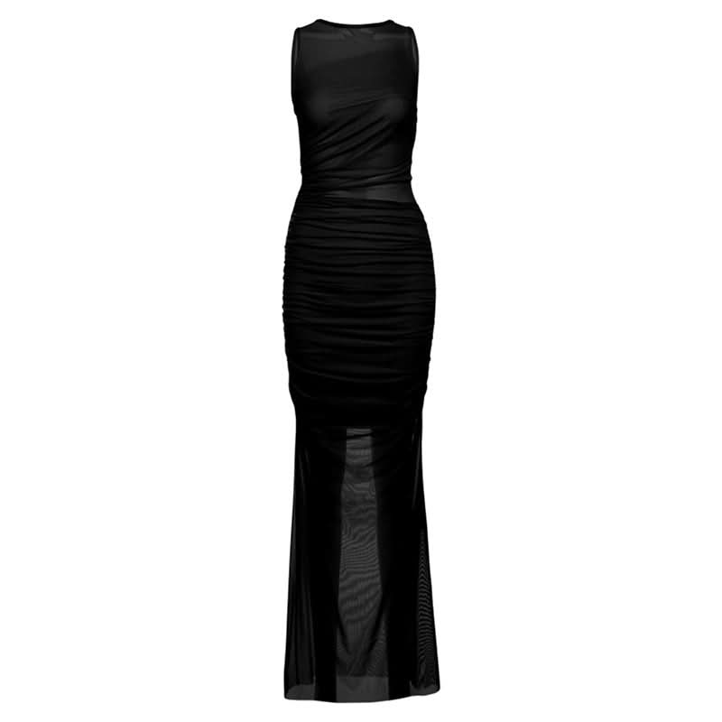 Ruched crewneck mesh solid maxi dress