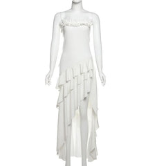 Ruffle irregular ruched solid tube midi dress
