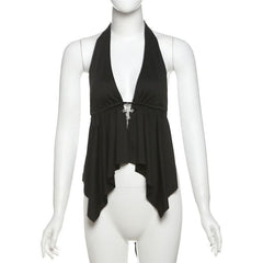 Self tie halter backless deep V neck top