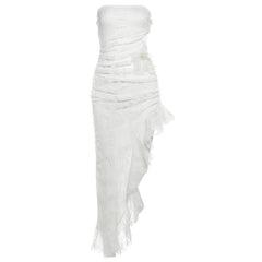 Hollow out irregular ruched lace tube cut out midi dress