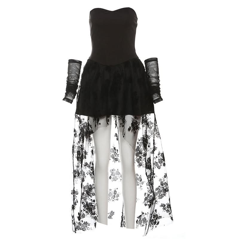Sweetheart neck flower print mesh tube mini dress