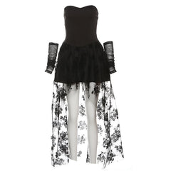 Sweetheart neck flower print mesh tube mini dress