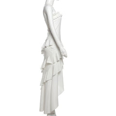 Ruffle irregular ruched solid tube midi dress