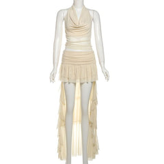 Halter mesh ruched cowl neck mini skirt set