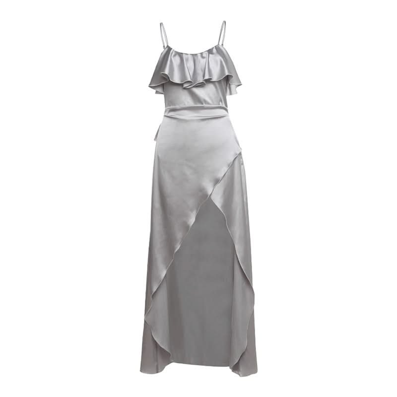 Zip-up u neck ruffle slit cami maxi dress