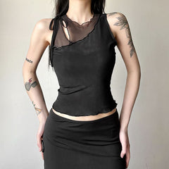 Hollow out mesh crewneck ruffle solid cut out top