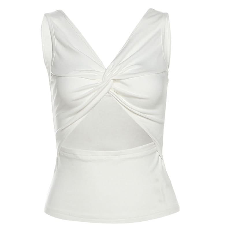 Ruched v neck hollow out knotted solid cut out top