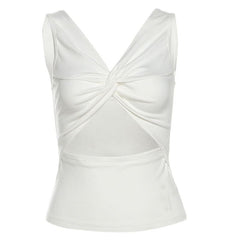 Ruched v neck hollow out knotted solid cut out top