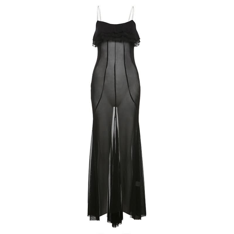 Ruffle u neck mesh solid cami maxi dress