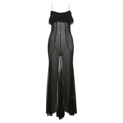 Ruffle u neck mesh solid cami maxi dress