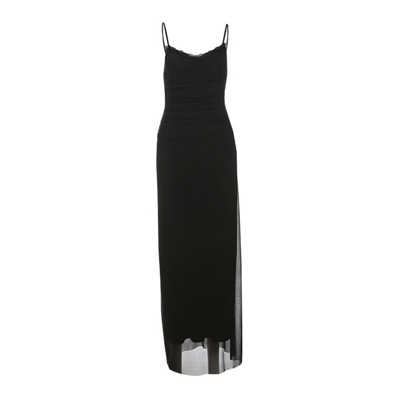 Ruched lace hem flower print slit maxi dress