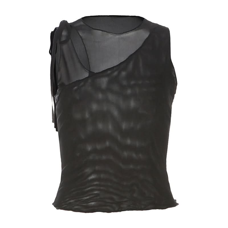 Hollow out mesh crewneck ruffle solid cut out top