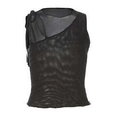 Hollow out mesh crewneck ruffle solid cut out top