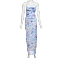 Ruched lace hem flower print slit maxi dress