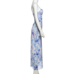 Ruched lace hem flower print slit maxi dress