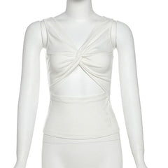 Ruched v neck hollow out knotted solid cut out top