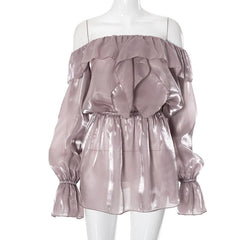 Long sleeve off shoulder ruffle ruched mini dress