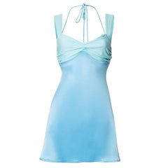 Ruched halter self tie v neck backless mini dress