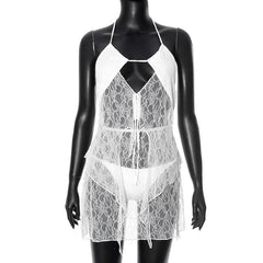 Self tie halter hollow out lace solid mini skirt set