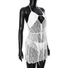 Self tie halter hollow out lace solid mini skirt set