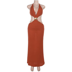 Halter self tie deep V neck metal chain maxi dress