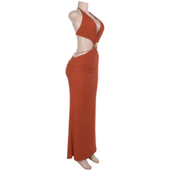 Halter self tie deep V neck metal chain maxi dress