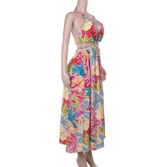 Metal chain hollow out v neck halter print cut out maxi dress